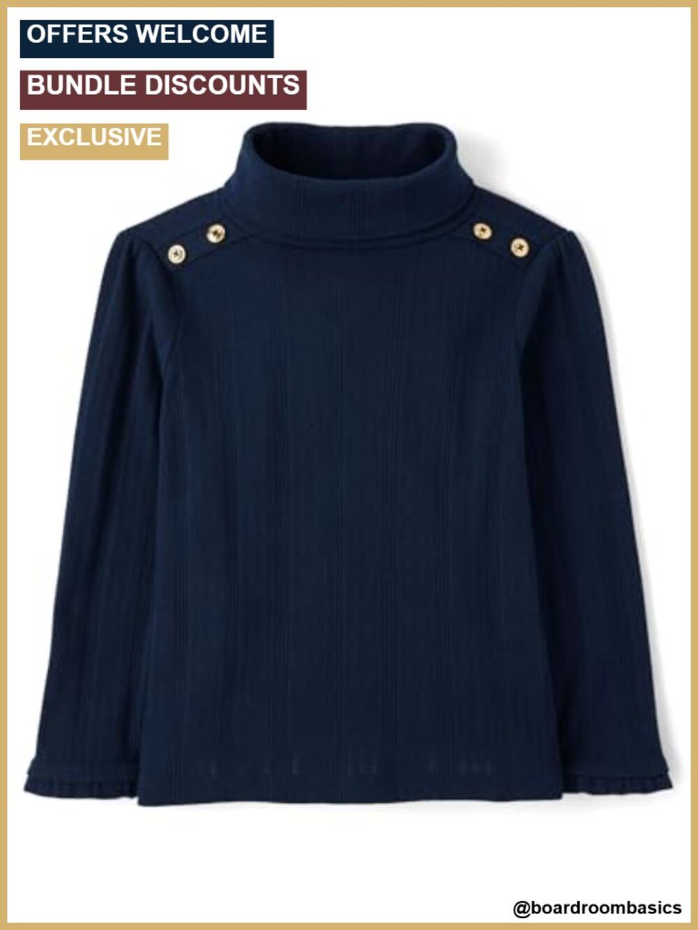 Girls Toddler Long Sleeve Turtleneck Pointelle Cotton Shirt Ruffle Cuff